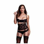 Čipkast Modrček in Steznik in Hlačke Set Ena Velikost Baci Lingerie BLW3100 Čierna (Jednotná veľkosť