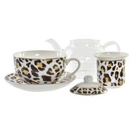 Čajová kanvica DKD Home Decor Leopard Sklo Porcelán Gaštanová Transparentná Biela (2 kusov)