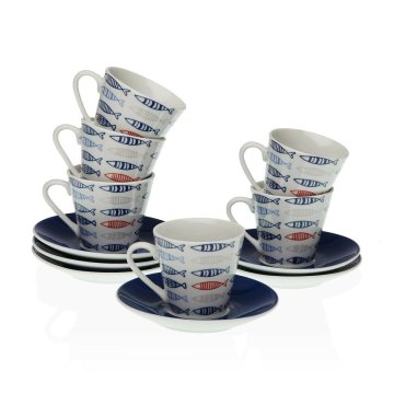 Súprava šálok s podšálkami Versa Porcelán 5,8 x 6 x 5,8 cm Ryby Káva (12 Kusy)