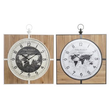 Nástenné hodiny DKD Home Decor Čierna Biela Železo Vintage 60 x 4,5 x 60 cm Drevo MDF Mapa Sveta (2 