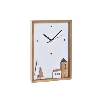 Nástenné hodiny DKD Home Decor Biela Gaštanová Drevo Aluminium Domy Mestská 20 x 4 x 30 cm