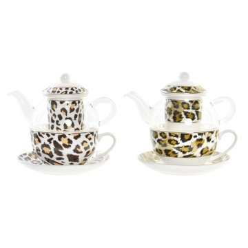 Čajová kanvica DKD Home Decor Leopard Sklo Porcelán Gaštanová Transparentná Biela (2 kusov)