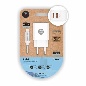 Nabíjačka do zástrčky v stene + kábel Lightning MFI Tech One Tech TEC2402 Dve Lightning