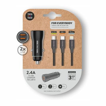 Univerzálna USB nabíjačka do auta + kábel Tech One Tech TEC2810 Dve USB x 2